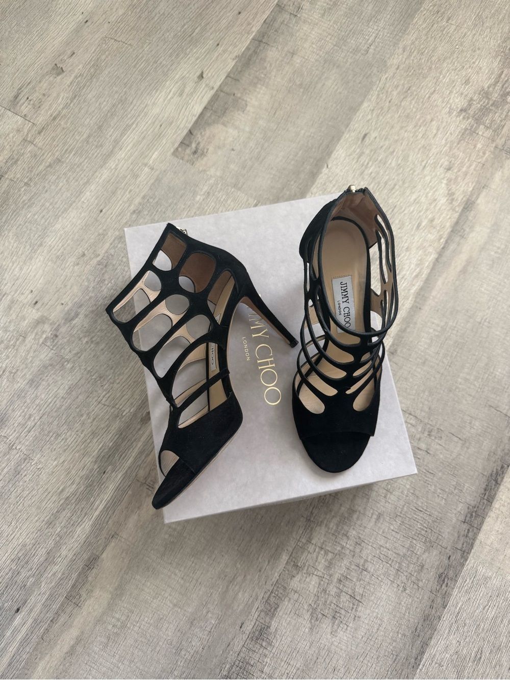 Jimmy Choo Black Suede Cage Stiletto Sandals